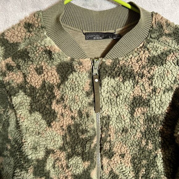 Prana Jacket Womens Large Fuzzy Bomber Polar Escape Camo Reversible Sherpa Teddy - Picture 1 of 9